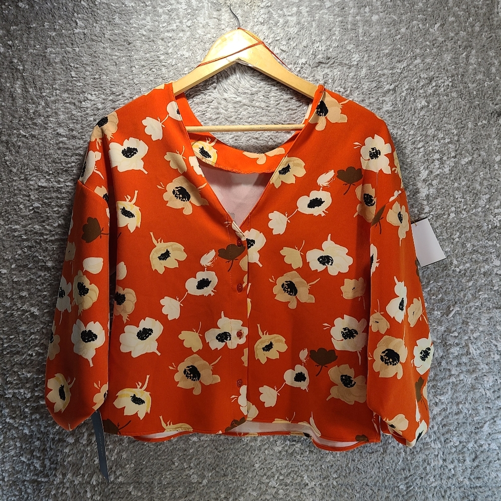 ZARA Women‎ Floral Chic Orange Blouse, Back Button UP Small Polyester NWT
